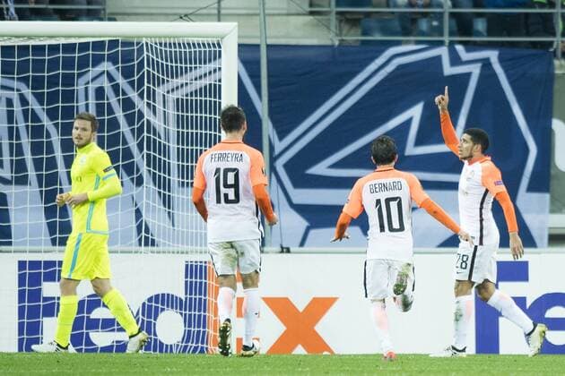 Shakhtar Donetsk s forward Facundo Ferreyra, Shakhtar Donetsk s midfielder Bernard and Shakhtar Donetsk s midfielder Taison celebrate after scoring during a soccer game between Belgian team KAA Gent and Ukrainian club FC Shakhtar Donetsk, in Gent Thursday 03 November 2016, the fourth match of the group stage of the Europa League competition in Group H. JASPERxJACOBS  x04971994x