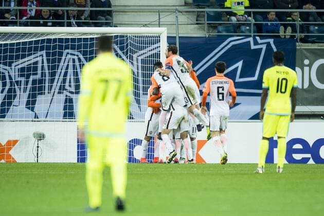 Shakhtar Donetsk s players celebrate after scoring during a soccer game between Belgian team KAA Gent and Ukrainian club FC Shakhtar Donetsk, in Gent Thursday 03 November 2016, the fourth match of the group stage of the Europa League competition in Group H. JASPERxJACOBS  x04971991x
