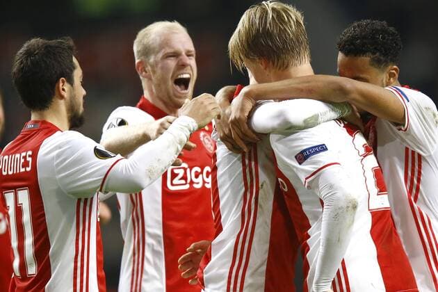 (l-r) Amin Younes of Ajax Amsterdam, Davy Klaassen of Ajax Amsterdam, Kasper Dolberg of Ajax Amsterdam scored, Jairo Riedewald of Ajax Amsterdamduring the UEFA Europa League group G match between Ajax Amsterdam and Celta de Vigo at the Amsterdam Arena on November 3, 2016 in Amsterdam, The Netherlands Ajax v Celta de Vigo UEFA Europa League 2016 2017 xVIxxIVx 6517326
