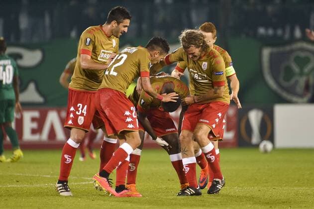 Standard s Ibrahima Cisse celebrate after scoring during a soccer game between Greek club Panathinaikos F.C. and Belgian team Standard de Liege in Athens, Greece, Thursday 03 November 2016, the fourth game of the group stage of the Europa League competition in Group G. NICOLASxLAMBERT  x04972050x