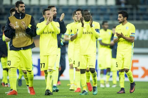 Gent s Stefan Mitrovic, Gent s Danijel Milicevic, Gent s Nana Asare and Gent s Kenneth Saief show defeat after a soccer game between Belgian team KAA Gent and Ukrainian club FC Shakhtar Donetsk, in Gent Thursday 03 November 2016, the fourth match of the group stage of the Europa League competition in Group H. JASPERxJACOBS  x04972101x
