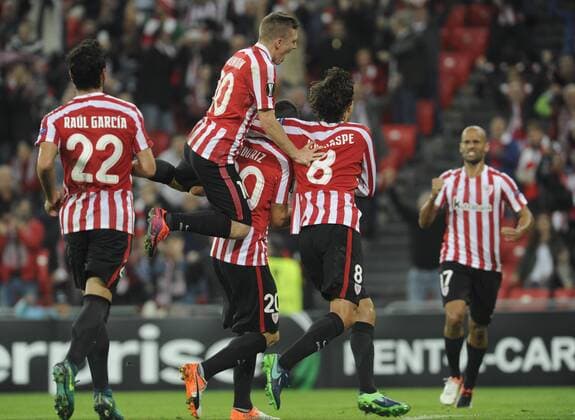 Aduriz . Europa League match between Athletic and Genk. In this picture, Aduriz celebrates one of their five goals. xJuanxEcheverríax 