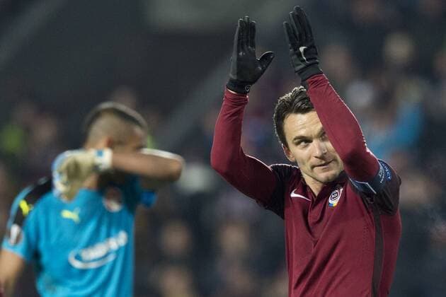David Lafata (right) of Sparta celebrates goal during the European league match AC Sparta Praha vs Hapoel Beer-Sheva FC in Prague, Czech Republic, November 3, 2016. Pictured left goalkeeper David Goresh of Hapoel. (CTKxPhoto MichalxKamaryt) CTKPhotoP201611031189701  kmt 5
