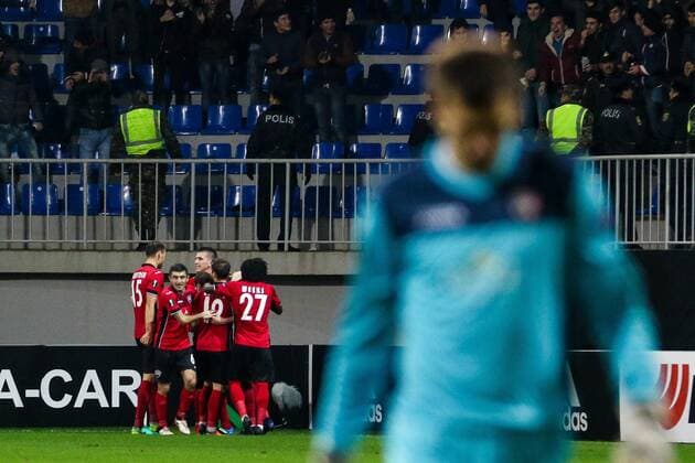 Azerbaijan: Europa League: FC Qabala - Saint Etienne Ruslan Gurbanov of Qabala FK celebrates the goal during the Europa League match between FC Qabala and Saint Etienne at 8km stadium in Baku.  AzizxKarimov PacificxPress