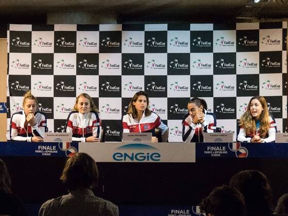 November 8, 2016 - Strasbourg, France - French Fed Cup coach Amelie Mauresmo (C) poses with players (from L), Pauline Parmentier, Kristina Mladenovic, Caroline Garcia and Alize Cornet during a press conference PK Pressekonferenz on November 8, 2016 in Strasbourg, eastern France, ahead of the Fed Cup final against the Czech Republic. Mauresmo has recalled Caroline Garcia and Kristina Mladenovic for the final against the Czech Republic this month after they were banned for unacceptable behaviour at the Rio Olympics. Garcia and Mladenovic will spearhead France s bid for a first Fed Cup title since 2003 on November 12-13 in Strasbourg. French Fed Cup 2016  - ZUMAn230 20161108_zaa_n230_240
