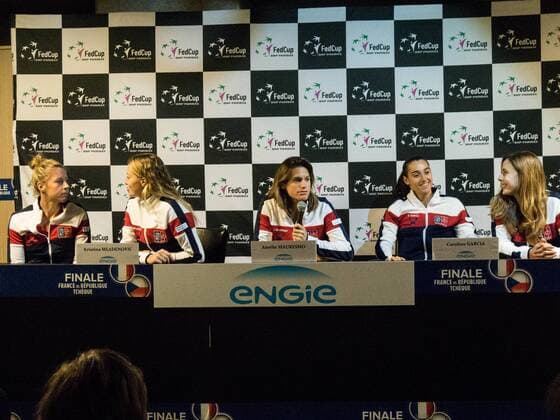 November 8, 2016 - Strasbourg, France - French Fed Cup coach Amelie Mauresmo (C) poses with players (from L), Pauline Parmentier, Kristina Mladenovic, Caroline Garcia and Alize Cornet during a press conference PK Pressekonferenz on November 8, 2016 in Strasbourg, eastern France, ahead of the Fed Cup final against the Czech Republic. Mauresmo has recalled Caroline Garcia and Kristina Mladenovic for the final against the Czech Republic this month after they were banned for unacceptable behaviour at the Rio Olympics. Garcia and Mladenovic will spearhead France s bid for a first Fed Cup title since 2003 on November 12-13 in Strasbourg. French Fed Cup 2016  - ZUMAn230 20161108_zaa_n230_244