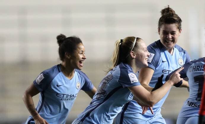 Ellie Roebuck of Manchester City Women celebrates scoring during the Women s Champions League last 16 tie, first leg between Manchester City Women and Brondby IF at the Academy Stadium. Photo credit should read: Lynne Cameron Sportimage EDITORIAL USE ONLY. No use with unauthorised audio, video, data, fixture lists, club league logos or live services. Online in-match use limited to 120 images, no video emulation. No use in betting, games or single club league player publications.