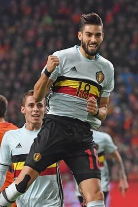 Belgium s Yannick Ferreira Carrasco celebrates after scoring during a friendly game of Belgian national soccer team Red Devils against the Netherlands, on Wednesday 09 November 2016, in Amsterdam, Netherlands. DIRKxWAEM  x04975552x