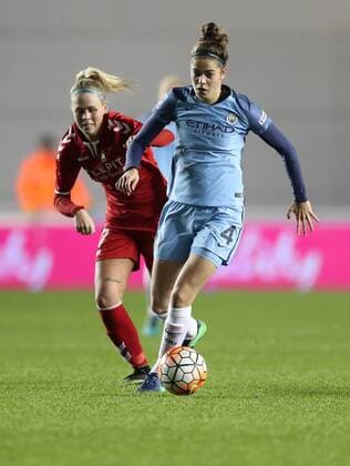 Tessel Middag of Manchester City Women and Julie Tavio-Petersson of Brondby IF during the Women s Champions League last 16 tie, first leg between Manchester City Women and Brondby IF at the Academy Stadium. Photo credit should read: Lynne Cameron Sportimage EDITORIAL USE ONLY. No use with unauthorised audio, video, data, fixture lists, club league logos or live services. Online in-match use limited to 120 images, no video emulation. No use in betting, games or single club league player publications.