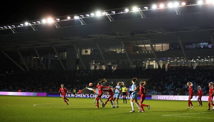 Brondby IF and Manchester City Women during the Champions League last 16 tie, first leg between Manchester City Women and Brondby IF at the Academy Stadium. Photo credit should read: Lynne Cameron Sportimage EDITORIAL USE ONLY. No use with unauthorised audio, video, data, fixture lists, club league logos or live services. Online in-match use limited to 120 images, no video emulation. No use in betting, games or single club league player publications.