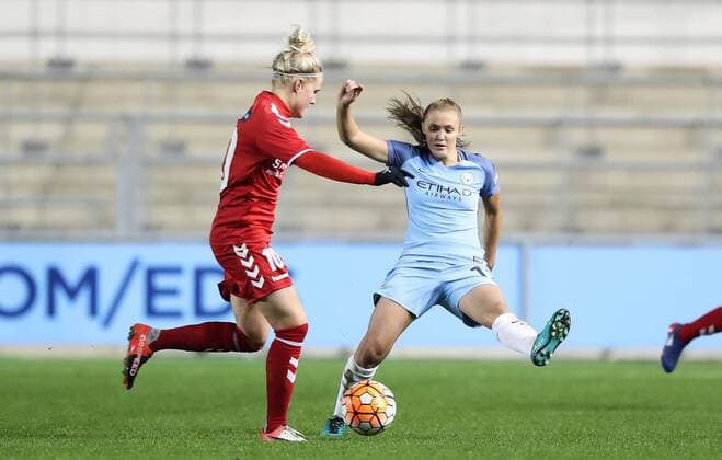 Georgia Stanway of Manchester City Ladies and Louise Kristiansen of Brondby IF during the Women s Champions League last 16 tie, first leg between Manchester City Women and Brondby IF at the Academy Stadium. Photo credit should read: Lynne Cameron Sportimage EDITORIAL USE ONLY. No use with unauthorised audio, video, data, fixture lists, club league logos or live services. Online in-match use limited to 120 images, no video emulation. No use in betting, games or single club league player publications.