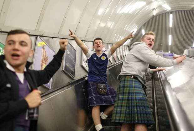 Scotland fans on the tube system before the FIFA World Cup WM Weltmeisterschaft Fussball Qualifying Group F match at Wembley Stadium, London. Picture date: November 11th, 2016. Pic David Klein Sportimage EDITORIAL USE ONLY. No use with unauthorised audio, video, data, fixture lists, club league logos or live services. Online in-match use limited to 120 images, no video emulation. No use in betting, games or single club league player publications.
