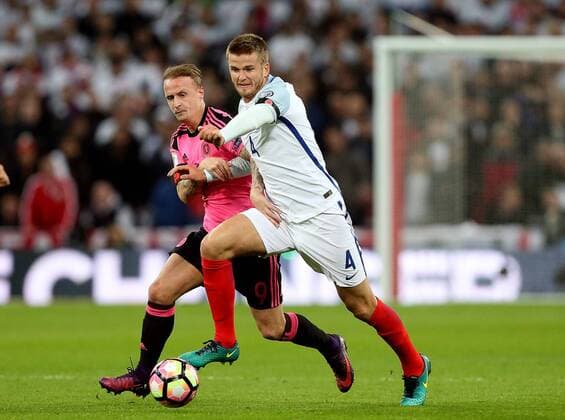 Leigh Griffiths of Scotland tussles with Eric Dier of England during the FIFA World Cup WM Weltmeisterschaft Fussball Qualifying Group F match at Wembley Stadium, London. Picture date: November 11th, 2016. Pic David Klein Sportimage EDITORIAL USE ONLY. No use with unauthorised audio, video, data, fixture lists, club league logos or live services. Online in-match use limited to 120 images, no video emulation. No use in betting, games or single club league player publications.
