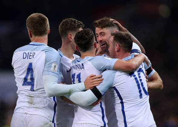 11.11.2016. Wembley Stadium, London, England. World Cup Qualifying Football. England versus Scotland. Gary Cahill celebrates with team mates after heading past Scotland Keeper Craig Gordon making it 3-0 xMarkxKertonx  ActionPlus11808500