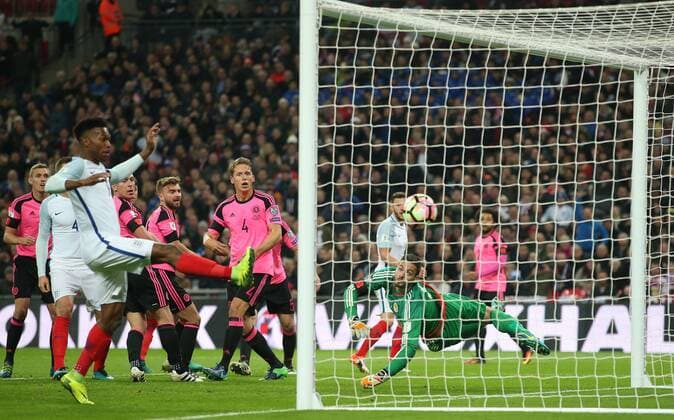 Gary Cahill of England scores the third goal past Craig Gordon of Scotland during the FIFA World Cup WM Weltmeisterschaft Fussball Qualifying Group F match at Wembley Stadium, London. Picture date: November 11th, 2016. Pic David Klein Sportimage EDITORIAL USE ONLY. No use with unauthorised audio, video, data, fixture lists, club league logos or live services. Online in-match use limited to 120 images, no video emulation. No use in betting, games or single club league player publications.