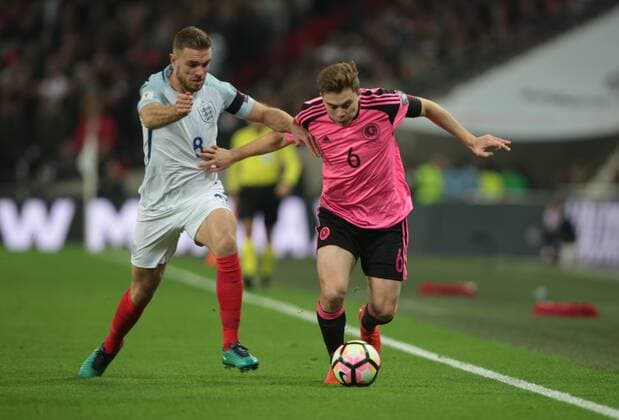 November 11, 2016 - London, England, United Kingdom - James Forrest of Scotland holds of England s Jordan Henderson during FIFA World Cup WM Weltmeisterschaft Fussball Qualifying - European Region - Group F match between England and Scotland at Wembley stadium 11 Nov 2016 England v Scotland - FIFA 2018 World Cup Qualifier  - ZUMAn230 20161111_zaa_n230_330