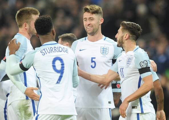 Football - 2016 2017 World Cup Qualifier - Group F: England vs. Scotland Gary Cahill celebrates his goal with fellow Goalscorer Daniel Sturridge at Wembley. COLORSPORT ANDREW COWIE 