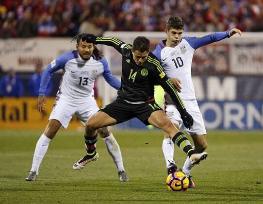November 11, 2016 - Columbus, OH, USA - Mexico forward Javier Hernandez (14) splits between United States midfielders Christian Pulisic (10) and Jermaine Jones (13) during the second half in a World Cup qualifying match at Crew Stadium in Columbus, Ohio, on Friday, Nov. 11, 2016. Mexico won, 2-1. Mexico at United States - ZUMAm67_ 20161111_zaf_m67_069