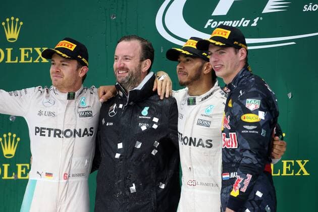Brazilian Grand Prix, Sao Paulo 10 - 13 November 2016 13.11.2016 - Race, 2nd position Nico Rosberg (GER) Mercedes AMG F1 W07 Hybrid, Lewis Hamilton (GBR) Mercedes AMG F1 W07 Hybrid race winner and 3rd position Max Verstappen (NED) Red Bull Racing RB12 