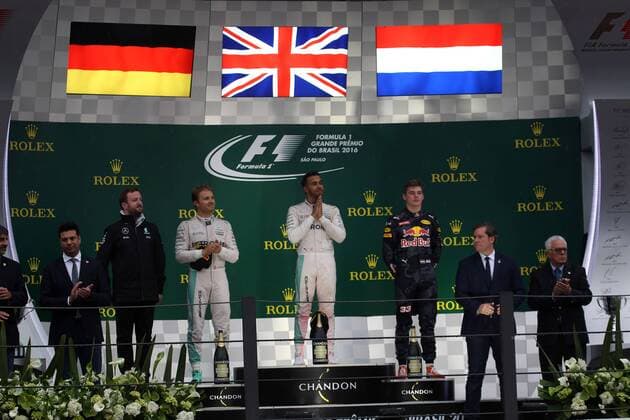 Brazilian Grand Prix, Sao Paulo 10 - 13 November 2016 13.11.2016 - Race, 2nd position Nico Rosberg (GER) Mercedes AMG F1 W07 Hybrid, Lewis Hamilton (GBR) Mercedes AMG F1 W07 Hybrid race winner and 3rd position Max Verstappen (NED) Red Bull Racing RB12 