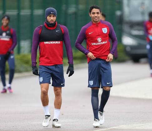 England s Andros Townsend and Dylan Duncan during training at Tottenham Hotspur training centre, London. Picture date November 14th, 2016 Pic David Klein Sportimage EDITORIAL USE ONLY. No use with unauthorised audio, video, data, fixture lists, club league logos or live services. Online in-match use limited to 120 images, no video emulation. No use in betting, games or single club league player publications.