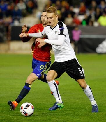 SOCCER - UEFA U21 U 21 EC quali, ESP vs AUT ALBACETE,SPAIN,15.NOV.16 - SOCCER - UEFA Under-21 European Championship EM Europameisterschaft qualification, play off, OEFB international match Länderspiel Spain vs Austria. Image shows Borja Mayoral (ESP) and Philipp Lienhart (AUT). GEPAxpictures xCordonxPress
