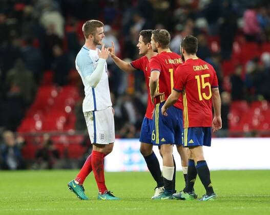 England s Eric Dier argues with Spain s Ander Herrera at the final whistle during the friendly match at Wembley Stadium, London. Picture date November 15th, 2016 Pic David Klein Sportimage EDITORIAL USE ONLY. No use with unauthorised audio, video, data, fixture lists, club league logos or live services. Online in-match use limited to 120 images, no video emulation. No use in betting, games or single club league player publications.