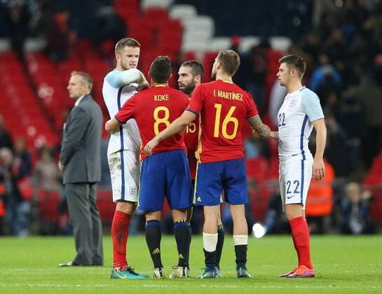 England s Eric Dier complains of an elbow from Spain s Ander Herrera at the final whistle during the friendly match at Wembley Stadium, London. Picture date November 15th, 2016 Pic David Klein Sportimage EDITORIAL USE ONLY. No use with unauthorised audio, video, data, fixture lists, club league logos or live services. Online in-match use limited to 120 images, no video emulation. No use in betting, games or single club league player publications.