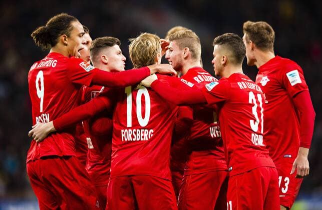 Leverkusen, 18.11.2016, BayArena Torjubel: Yussuf Poulsen (Leipzig), Marcel Sabitzer (Leipzig), Emil Forsberg (Leipzig), Timo Werner (Leipzig), Diego Demme (Leipzig) Bayer Leverkusen - RB Leipzig mm