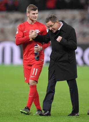 18.11.2016, Fussball GER, 1. Bundesliga Saison 2016 2017, 11. Spieltag, Bayer 04 Leverkusen - RB Leipzig 2:3, Jubel Sportdirektor Ralf Rangnick (RB Leipzig), re., und Timo Werner (RB Leipzig)