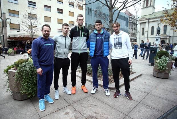Croatian tennis Davis Cup team in the city 20.11.2016., Zagreb - Croatian tennis Davis Cup team at the Petar Preradovica the before of the final match with Argentina. Borna Coric, Ivo Karlovic, Zeljko Krajan, Franko Skugor, Mate Delic.  SanjinxStrukic PIXSELL