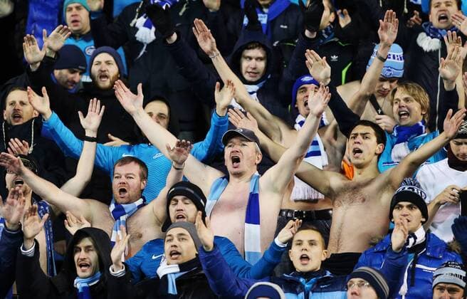 ST PETERSBURG, RUSSIA - NOVEMBER 20, 2016: Zenit St Petersburg s fans rooting for their team in the 2016-17 Season Russian Premier League Round 14 football match against Krylya Sovetov Samara at the Petrovsky Stadium. FC Zenit St Petersburg won the game 3-1. Peter Kovalev TASS  TS038404