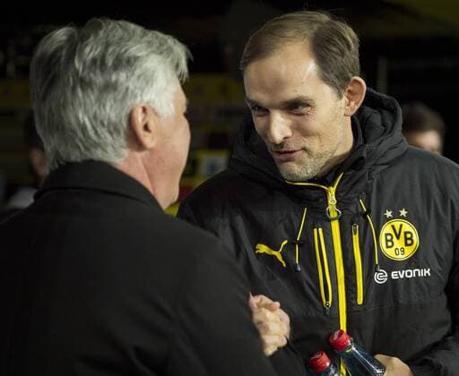 Carlo ANCELOTTI (li.,M) wird von Trainer Thomas TUCHEL (DO) begruesst. Fussball 1. Bundesliga, 11. Spieltag, Borussia Dortmund (DO) - FC Bayern Muenchen (M), am 19.11.2016 in Dortmund Deutschland. Â