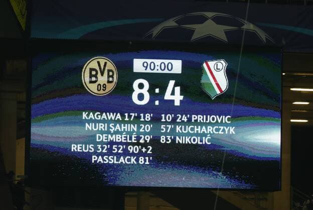 Dienstag 22.11.2016, Saison 2016 2017, UEFA Champions League, Vorrunde Gruppenphase, 5. Spieltag im Dortmunder Signal Iduna Park, BVB 09 Borussia Dortmund - Legia Warschau 8:4, Endergebnis auf der Anzeigentafel
