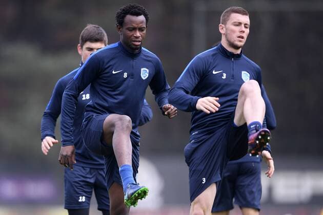 Genk s Bennard Kumordzi and Genk s Bojan Nastic pictured during a training session of Belgian soccer team RC Genk, Wednesday 23 November 2016, in Genk. Tomorrow Genk is playing the fifth game of the group stage of the Europa League competition against Austrian team Rapid Wien, in the group F. YORICKxJANSENS  x04981021x