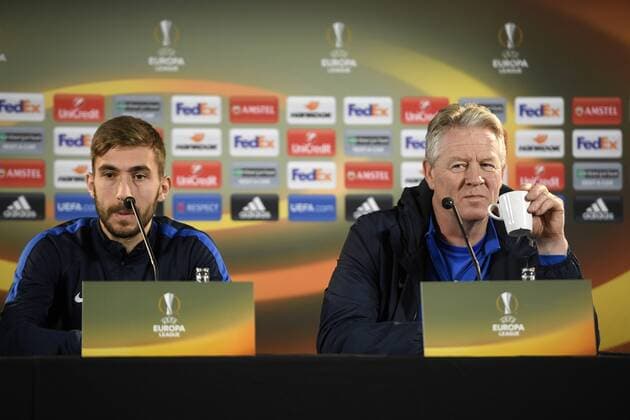 Genk s Tino-Sven Susic and Genk s head coach Peter Maes pictured during a press conference PK Pressekonferenz of Belgian soccer team RC Genk, Wednesday 23 November 2016, in Genk. Tomorrow Genk is playing the fifth game of the group stage of the Europa League competition against Austrian team Rapid Wien in the group F. YORICKxJANSENS  x04981147x