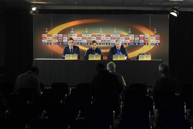 Genk s press officer Willem Boogaerts, Genk s Tino-Sven Susic and Genk s head coach Peter Maes pictured during a press conference PK Pressekonferenz of Belgian soccer team RC Genk, Wednesday 23 November 2016, in Genk. Tomorrow Genk is playing the fifth game of the group stage of the Europa League competition against Austrian team Rapid Wien in the group F. YORICKxJANSENS  x04981160x