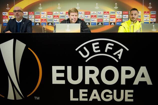 Fußball, EL, PK KAA Gent Gent s Marc Van Lysebetten, Gent s head coach Hein Vanhaezebrouck and Gent s Danijel Milicevic pictured during a press conference PK Pressekonferenz of Belgian soccer team KAA Gent, Wednesday 23 November 2016, in Gent. Tomorrow Gent is playing the fifth game of the group stage of the Europa League competition against Portuguese team SC Braga, in the group H. JASPERxJACOBS  x04981202x