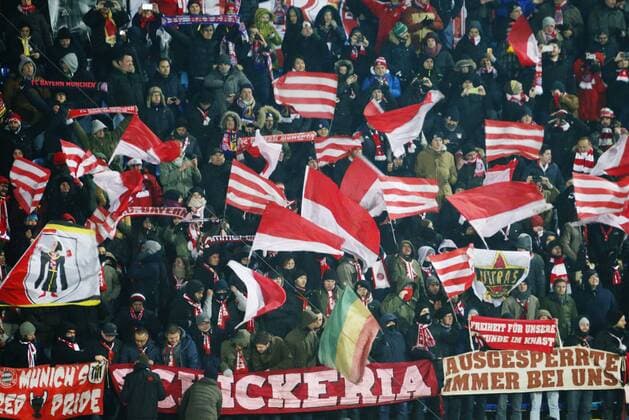 ROSTOV-ON-DON, RUSSIA - NOVEMBER 23, 2016: FC Bayern Munichâ€™s fans cheering in the stands at their 2016 17 UEFA Champions League Group D Round 5 football match against FC Rostov at the Olimp-2 Stadium. Valery Matytsin TASS  TS0389B8