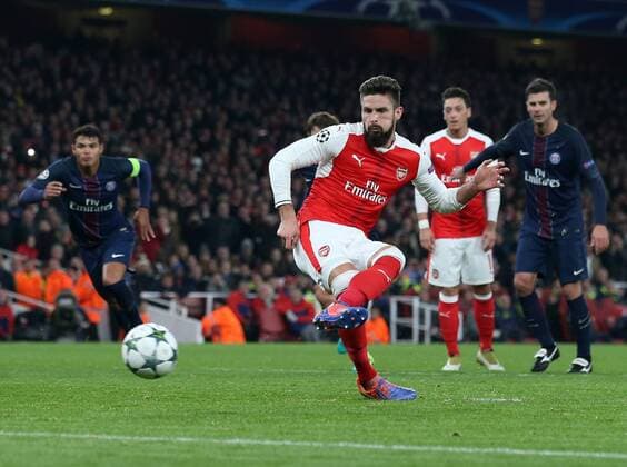 Arsenal s Olivier Giroud scoring his sides opening goal during the Champions League group A match at the Emirates Stadium, London. Picture date November 23rd, 2016 Pic David Klein Sportimage EDITORIAL USE ONLY. No use with unauthorised audio, video, data, fixture lists, club league logos or live services. Online in-match use limited to 120 images, no video emulation. No use in betting, games or single club league player publications.