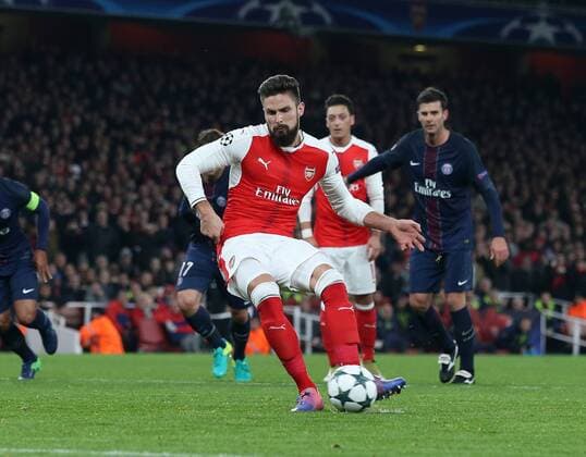 Arsenal s Olivier Giroud scoring his sides opening goal during the Champions League group A match at the Emirates Stadium, London. Picture date November 23rd, 2016 Pic David Klein Sportimage EDITORIAL USE ONLY. No use with unauthorised audio, video, data, fixture lists, club league logos or live services. Online in-match use limited to 120 images, no video emulation. No use in betting, games or single club league player publications.