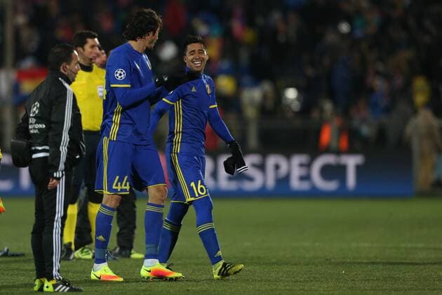 November 23, 2016 - Rostov-On-Don, Russia - Players of FC Rostov CoÂ©sar Navas (L) and Christian Noboa celebrates during the UEFA Champions League Group D football match between FC Bayern Munich and FC Rostov, at Olimp 2 Stadium in Rostov-on-Don, Russia on Novemberr 23, 2016. FC Rostov v FC Bayern Muenchen - UEFA Champions League  - ZUMAn230 20161123_zaa_n230_169