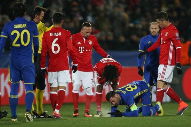 November 23, 2016 - Rostov-On-Don, Russia - Aleksandr Gatskan (C) of FC Rostov vie for the ball during the UEFA Champions League Group D football match between FC Bayern Munich and FC Rostov, at Olimp 2 Stadium in Rostov-on-Don, Russia on Novemberr 23, 2016. FC Rostov v FC Bayern Muenchen - UEFA Champions League  - ZUMAn230 20161123_zaa_n230_153