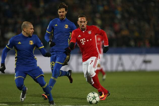 November 23, 2016 - Rostov-On-Don, Russia - Franck RiboÂ©ry (R) of FC Bayern Munich vie for the ball during the UEFA Champions League Group D football match between FC Bayern Munich and FC Rostov, at Olimp 2 Stadium in Rostov-on-Don, Russia on Novemberr 23, 2016. FC Rostov v FC Bayern Muenchen - UEFA Champions League  - ZUMAn230 20161123_zaa_n230_159