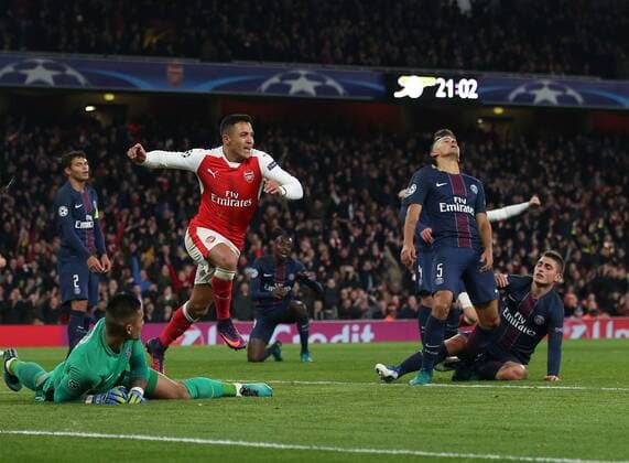 Arsenal s Alexis Sanchez celebrates his sides second goal during the Champions League group A match at the Emirates Stadium, London. Picture date November 23rd, 2016 Pic David Klein Sportimage EDITORIAL USE ONLY. No use with unauthorised audio, video, data, fixture lists, club league logos or live services. Online in-match use limited to 120 images, no video emulation. No use in betting, games or single club league player publications.