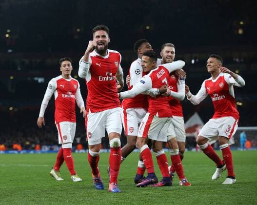 Arsenal s Olivier Giroud celebrates his sides second goal during the Champions League group A match at the Emirates Stadium, London. Picture date November 23rd, 2016 Pic David Klein Sportimage EDITORIAL USE ONLY. No use with unauthorised audio, video, data, fixture lists, club league logos or live services. Online in-match use limited to 120 images, no video emulation. No use in betting, games or single club league player publications.