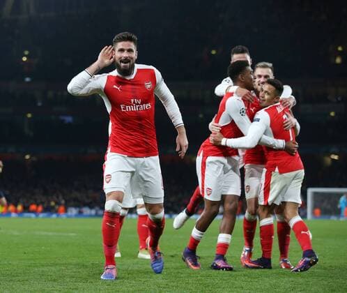 Arsenal s Olivier Giroud celebrates his sides second goal during the Champions League group A match at the Emirates Stadium, London. Picture date November 23rd, 2016 Pic David Klein Sportimage EDITORIAL USE ONLY. No use with unauthorised audio, video, data, fixture lists, club league logos or live services. Online in-match use limited to 120 images, no video emulation. No use in betting, games or single club league player publications.