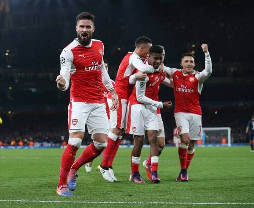 Arsenal s Olivier Giroud celebrates his sides second goal during the Champions League group A match at the Emirates Stadium, London. Picture date November 23rd, 2016 Pic David Klein Sportimage EDITORIAL USE ONLY. No use with unauthorised audio, video, data, fixture lists, club league logos or live services. Online in-match use limited to 120 images, no video emulation. No use in betting, games or single club league player publications.