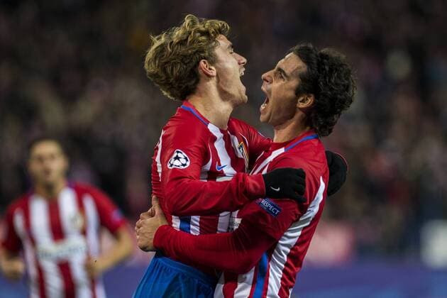 Atletico de Madrid s Antoine Griezmann , Tiago Mendes during the Champions League match between Atletico de Madrid and PSV Eindhoven at Vicente Calderon Stadium in Madrid , Spain. November 23, 2016.  (20161123041)