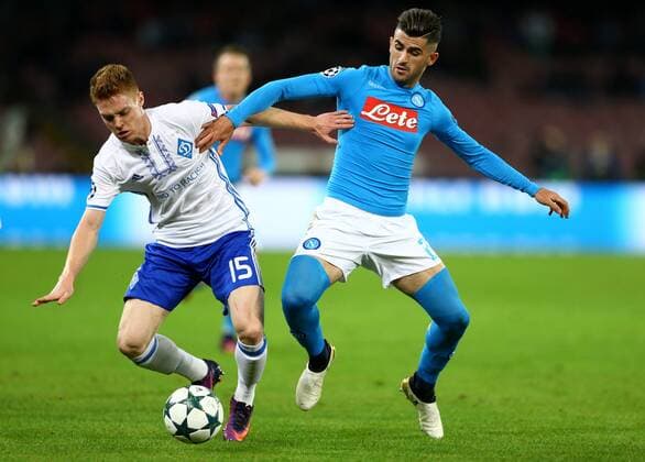 November 23, 2016 - Naples, Italy - Viktor Tsyhankov (D) and Elsed Hysaj (N) during the UEFA Champions League match between SSC Napoli and FC Dynamo Kyiv at Stadio San Paolo on November 23, 2016 in Naples. SSC Napoli v FC Dynamo Kyiv - UEFA Champions League  - ZUMAn230 20161123_zaa_n230_214